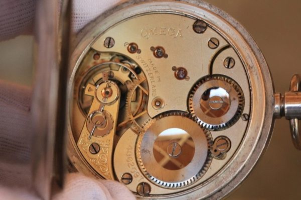 Vintage pocket watch chronometer omega silver case hanter